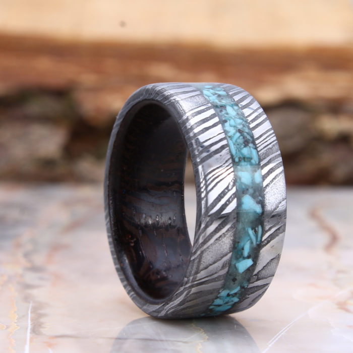 mens damascus wood glow ring